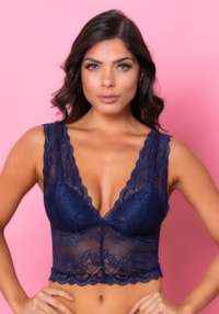 Sutiã cropped modelo triângulo com bojo intimate rendado azul marinho dlk