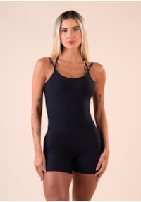 Macaquinho fitness feminino preto alça dupla e elástico vazado action