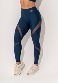 Legging fitness feminina marinho com recortes em tule intense