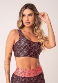 Top fitness feminino preto e coral logomania flow dlk
