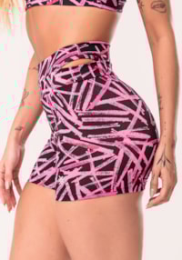 Short fitness feminino rosa com detalhe vazado estampado sticks euphoria