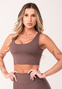 Top cropped fitness feminino marrom com recortes oasis