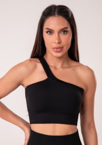 Top fitness feminino um ombro só preto canelado com bojo seamless+