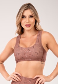 Top fitness feminino estampado logomania marrom printed mousse