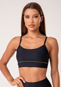Top fitness feminino preto com bojo e detalhe em lurex lush