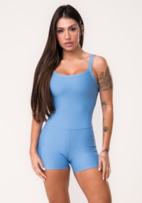 Macaquinho fitness feminino azul com bolsos aura