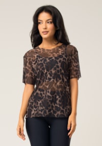 Blusa feminina de tule estampada onça animal printed