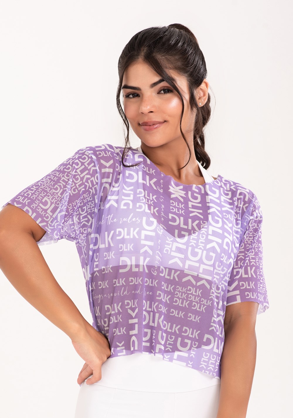 Blusa de tule feminina estampada dlk frases lilás printed