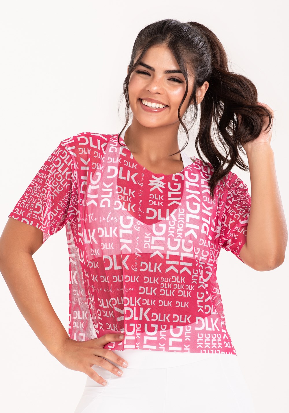 Blusa de tule feminina estampada dlk frases pink printed