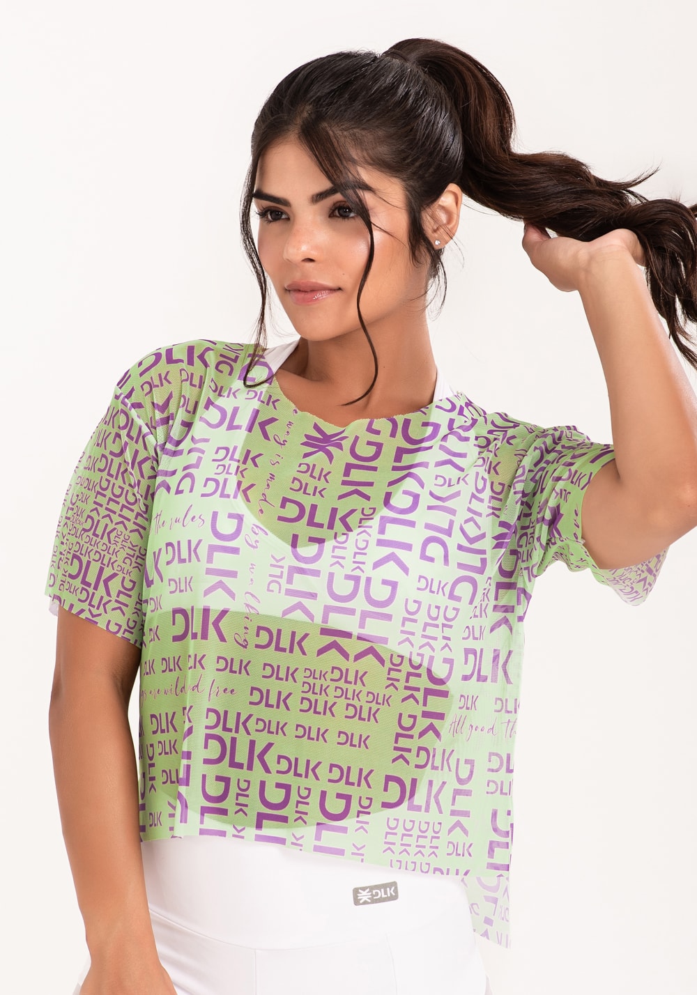 Blusa de tule feminina estampada dlk frases verde e roxo printed
