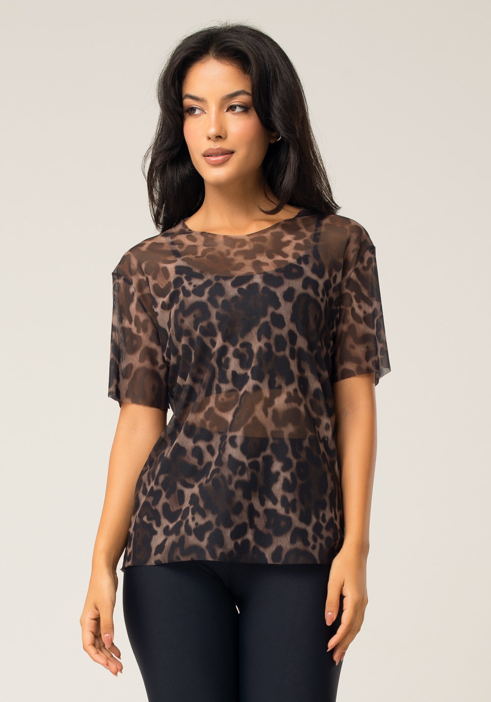 Blusa feminina de tule estampada onça animal printed dlk