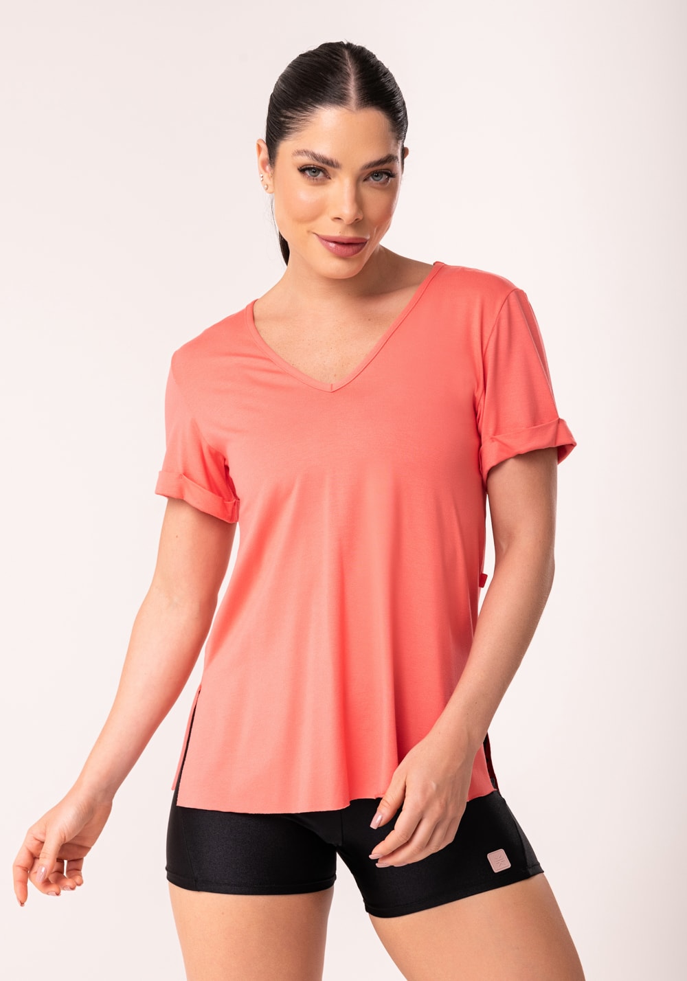 Blusa fitness feminina coral decote v flow