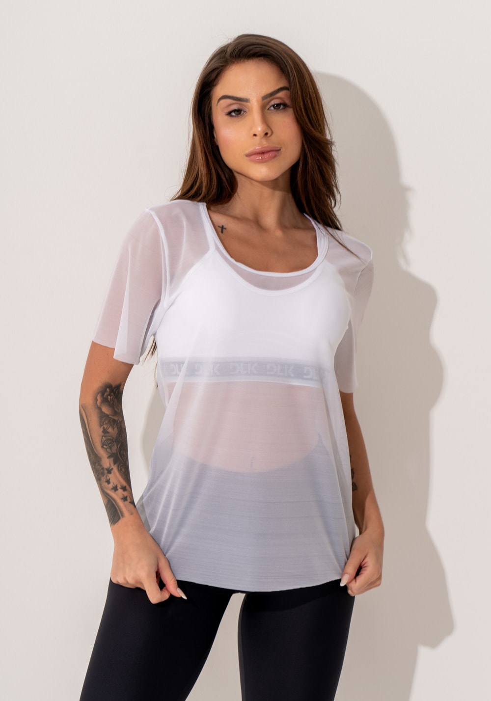 Blusa fitness feminina manga curta tule branco intense