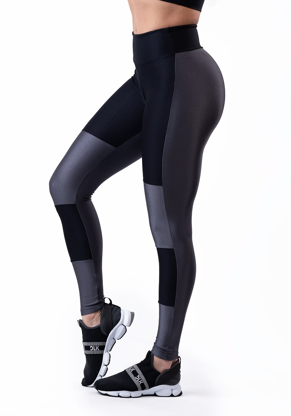 Calça legging energy com recortes grafite brilho e preto texturizado