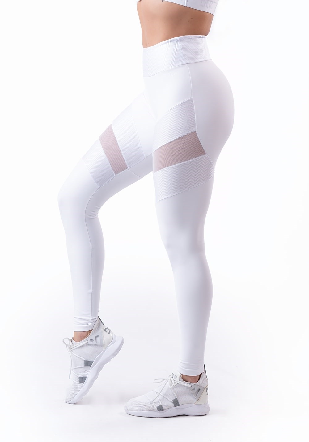 Calça legging energy poliamida branca com elástico colorido