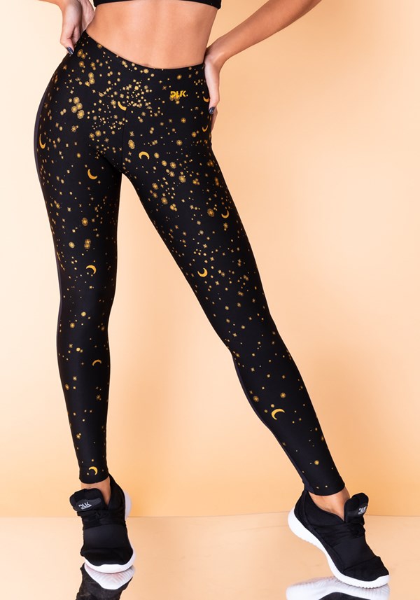 Calça legging jacquard preta lua e estrela dourada reverse