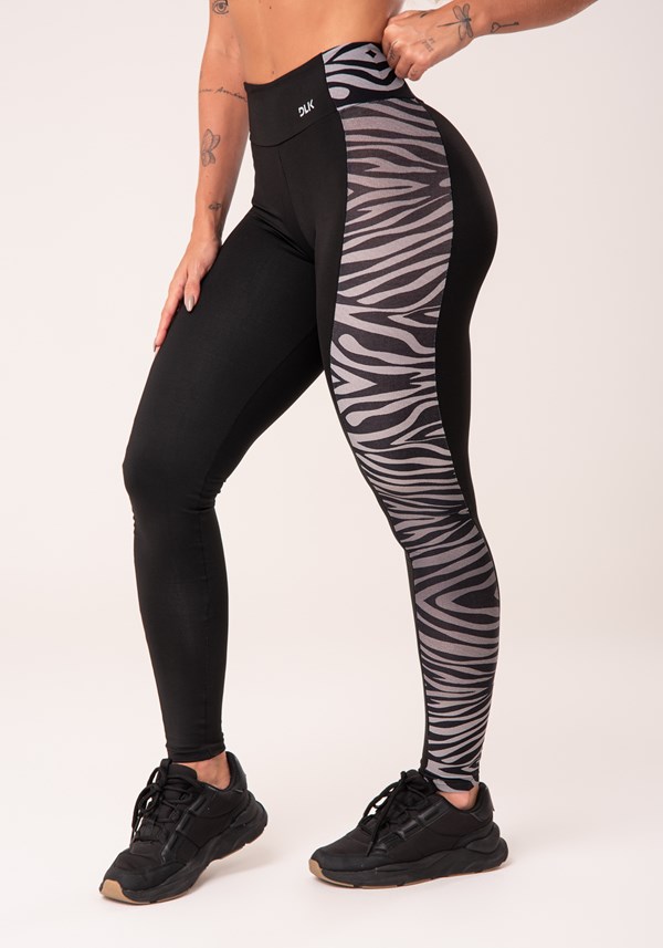 Calça legging wild preta com detalhe lateral zebra bege