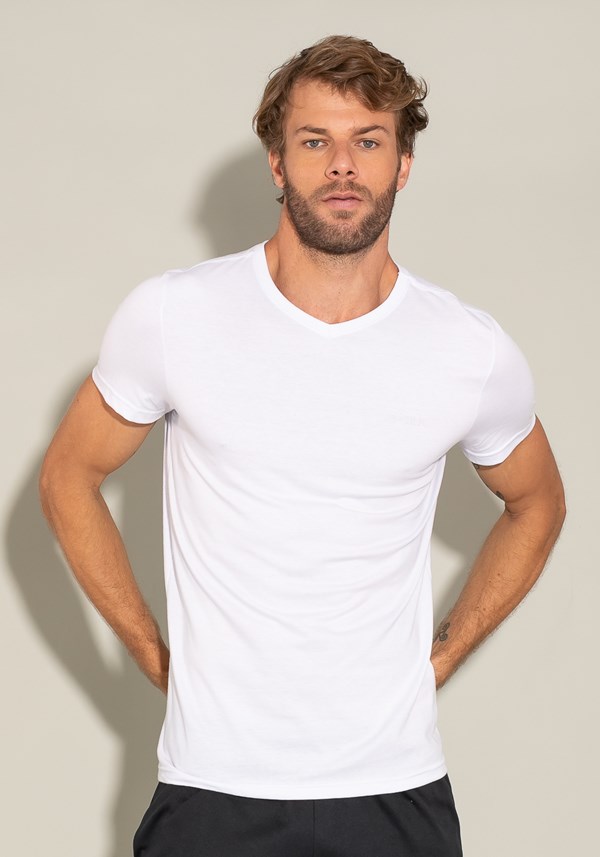 Camiseta manga curta for men slim decote v branco