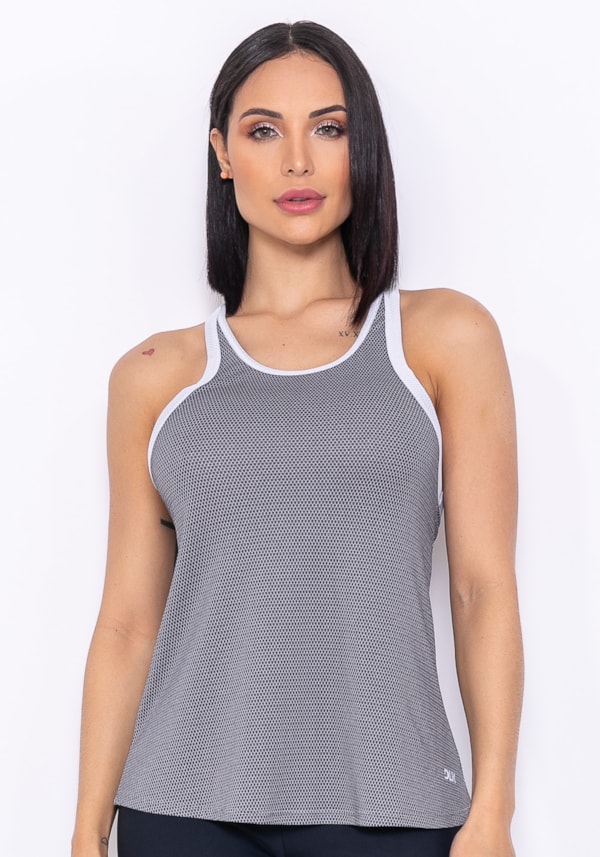 Camiseta technology tira dupla nas costas cinza com branco