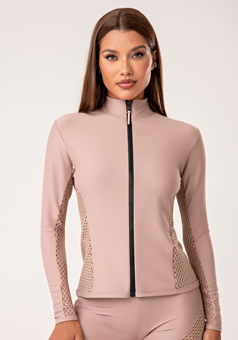 Casaco feminino nude com zíper e detalhe em tela lush