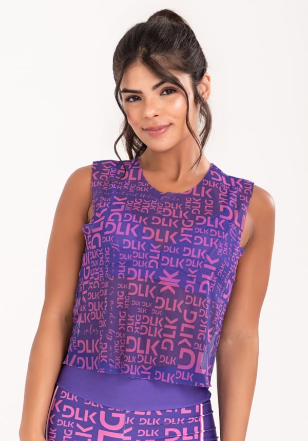 Cropped de tule feminino estampado dlk frases roxo e rosa printed