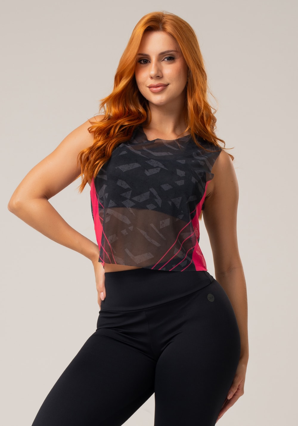 Cropped feminino em tule new printed estampado abstrato pink dlk