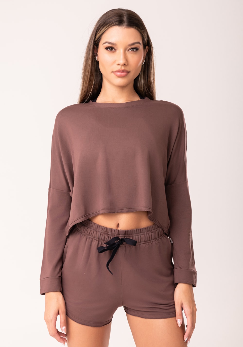 Cropped feminino moletinho marrom manga longa oasis