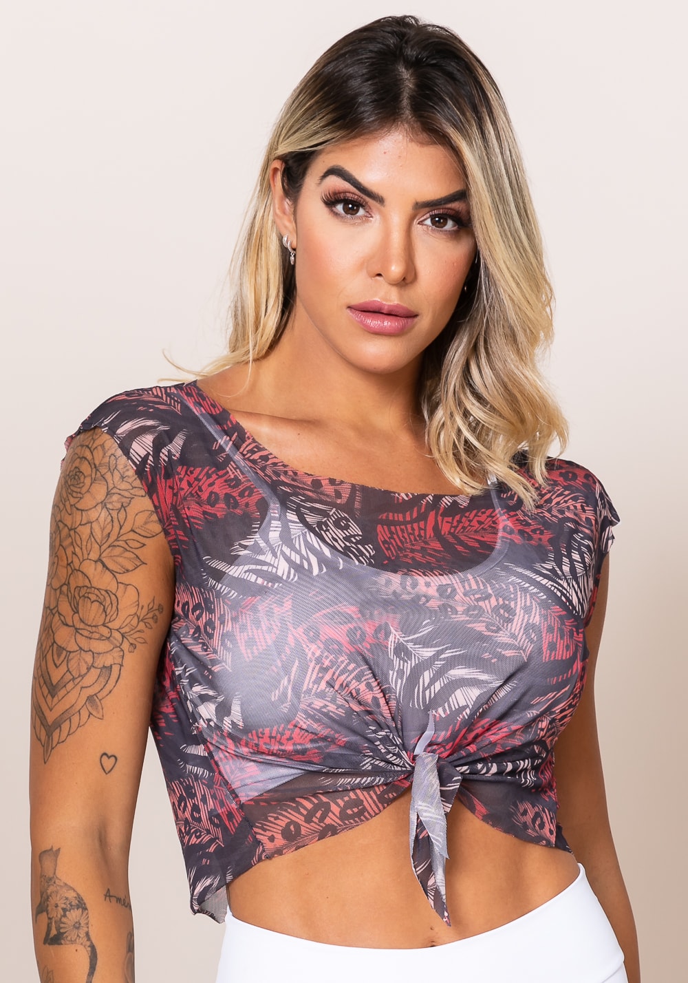 Cropped printed com amarração frontal folhagem colorida dlk