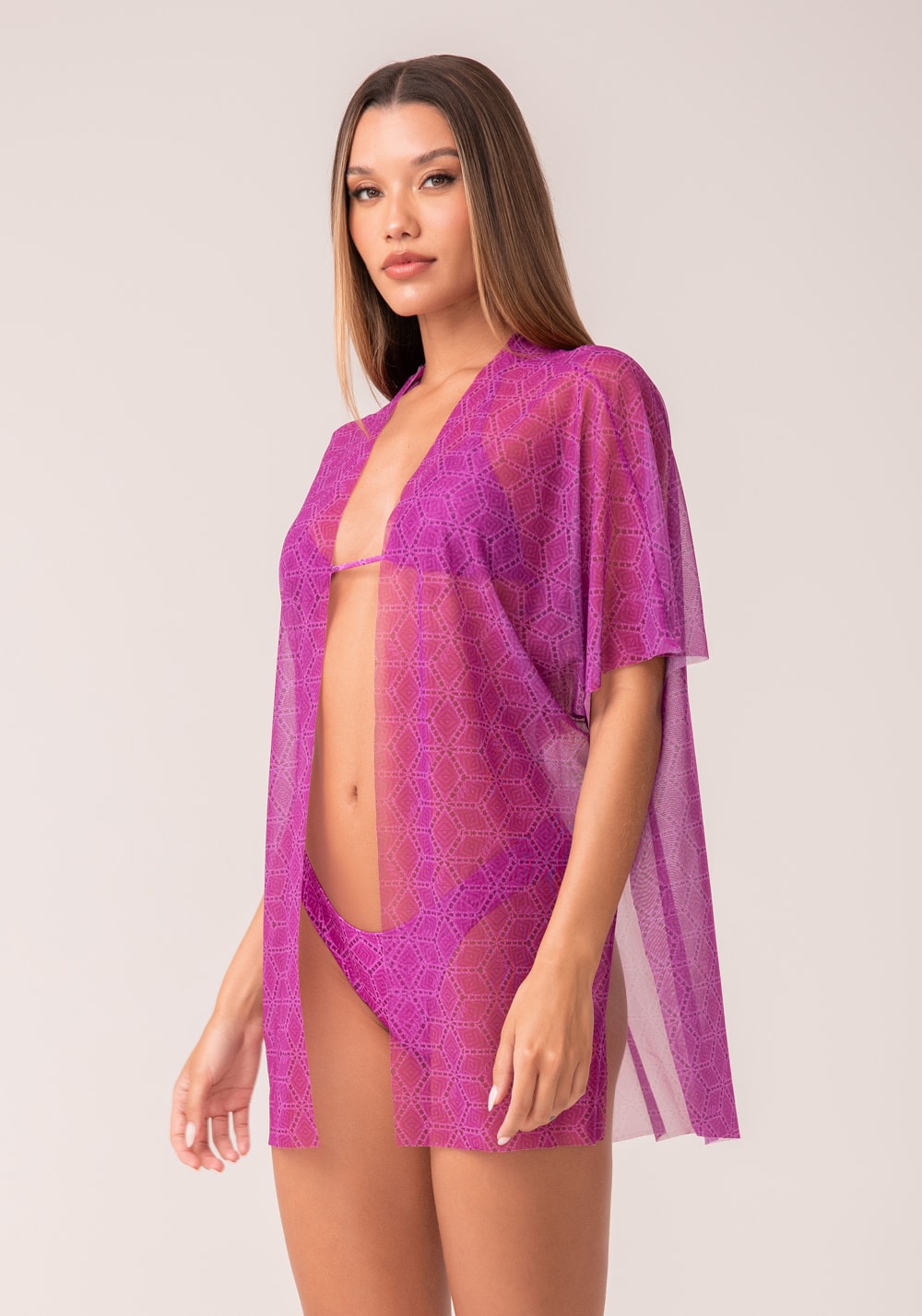 Kimono tule feminino estampado cestaria rosa al mare