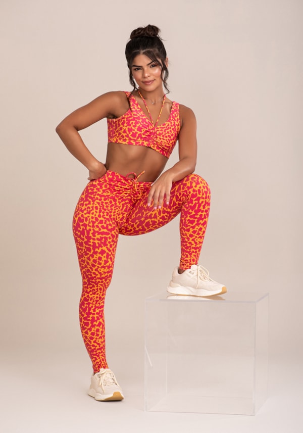 Legging fitness feminina euphoria com franzido e amarração estampa spot orange