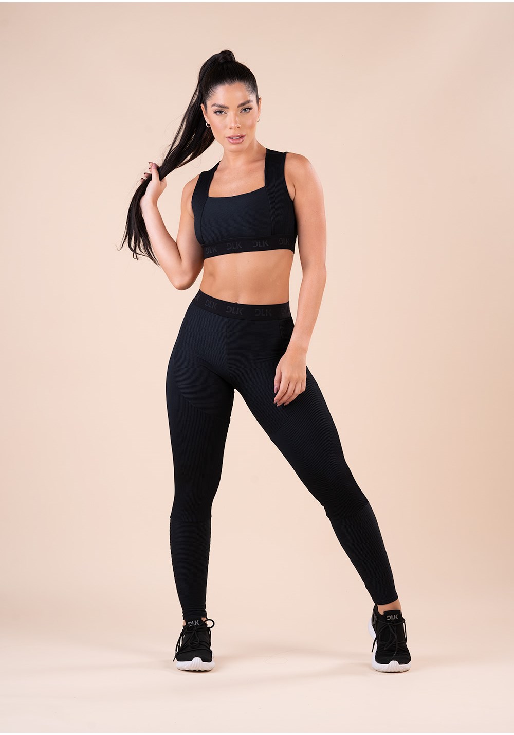 Legging fitness feminina preto com recorte canelado seamless