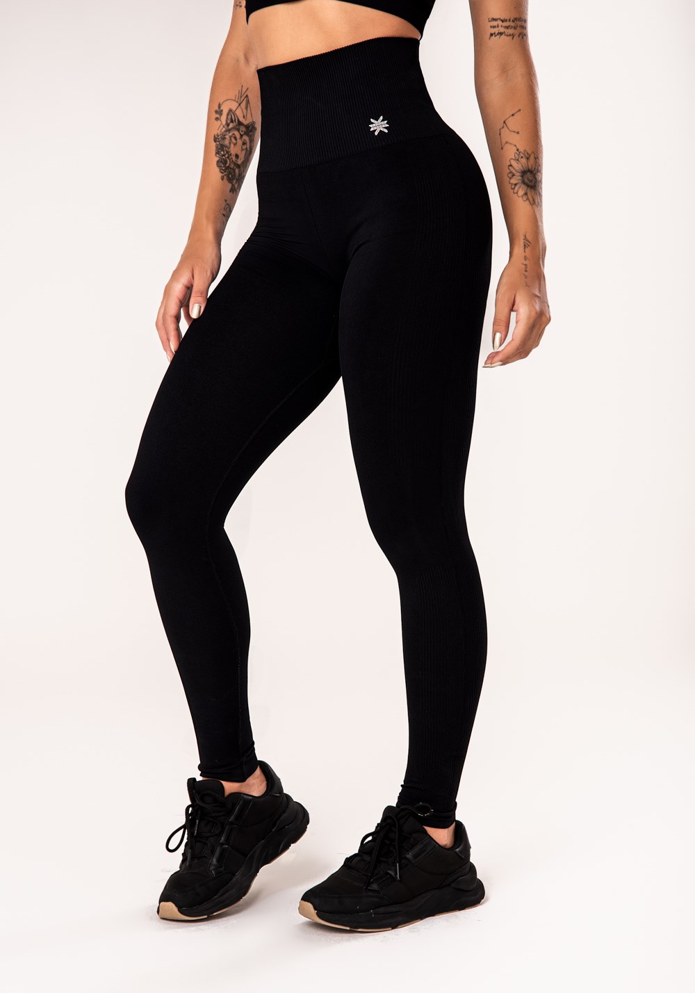 Legging fitness feminina preto com cós alto seamless