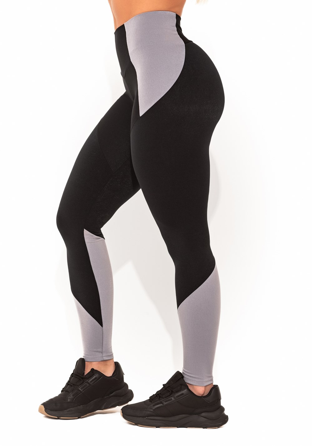 Legging fitness feminina preto e cinza com recortes canelado elegance
