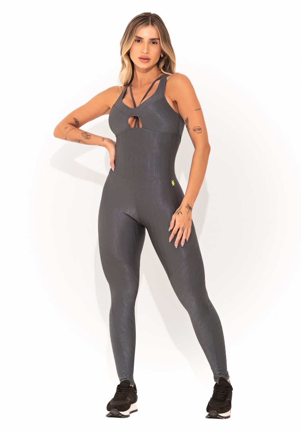 Macacão fitness feminino chumbo texturizado cut-out elegance