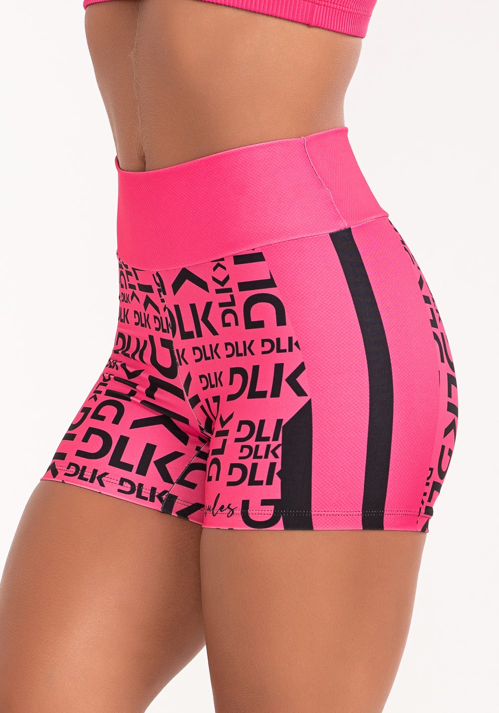 Short fitness feminino estampado dlk frases stripes pink printed