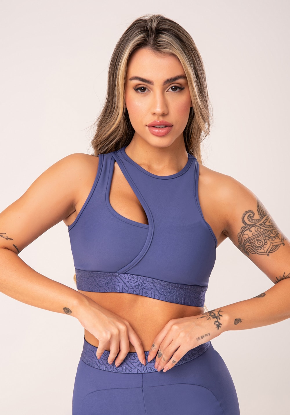 Top fitness feminino azul assimétrico com elástico flow