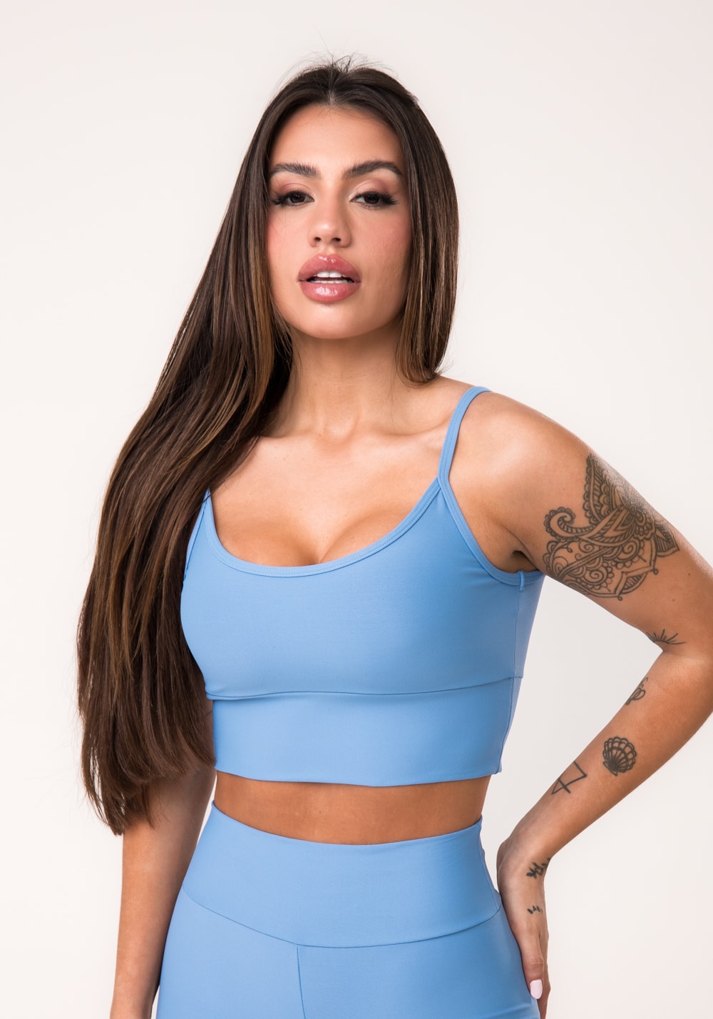 Top fitness feminino azul com bojo aura