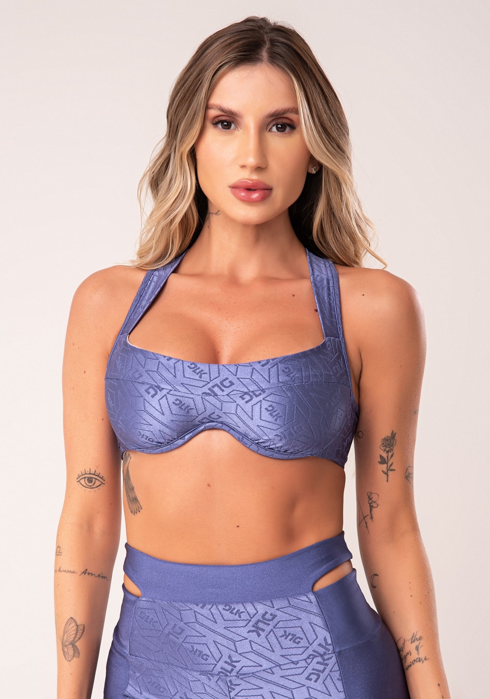 Top fitness feminino azul logomania arco inteiro flow