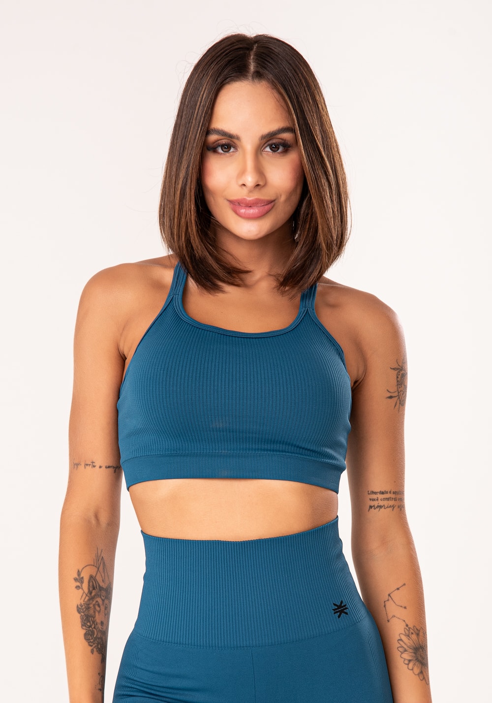 Top fitness feminino azul petróleo canelado com alças duplas seamless