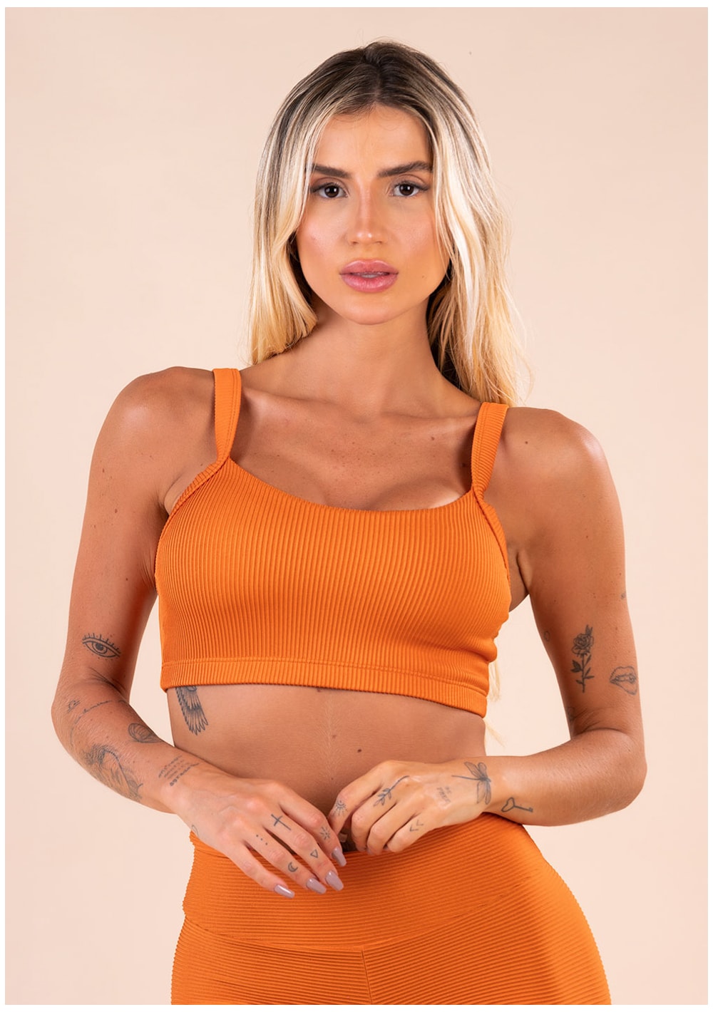 Top fitness feminino com bojo laranja canelado action dlk