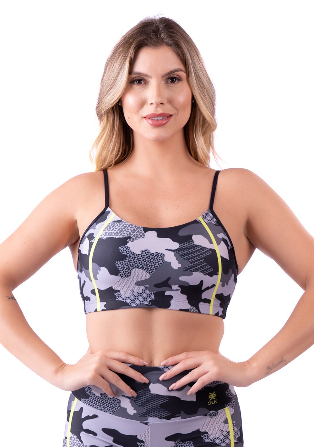 Top fitness feminino com bojo new printed estampado camuflado cinza