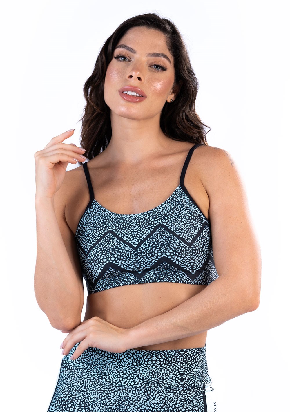 Top fitness feminino com bojo new printed estampado zig zag onça azul