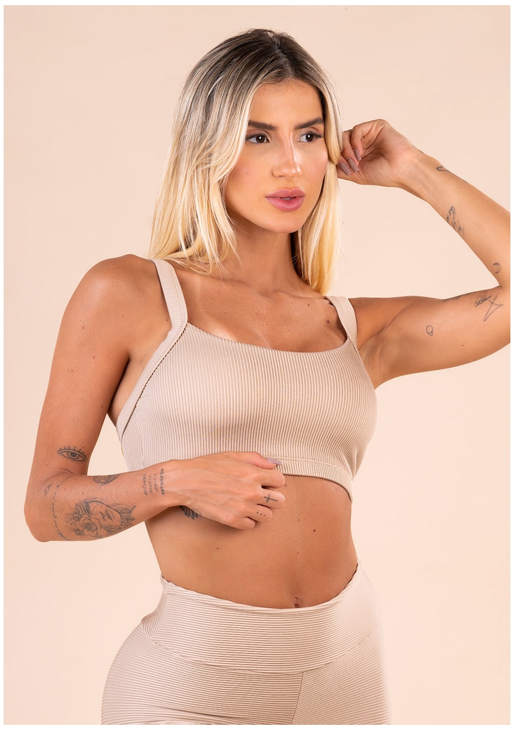 Top fitness feminino com bojo nude canelado action dlk