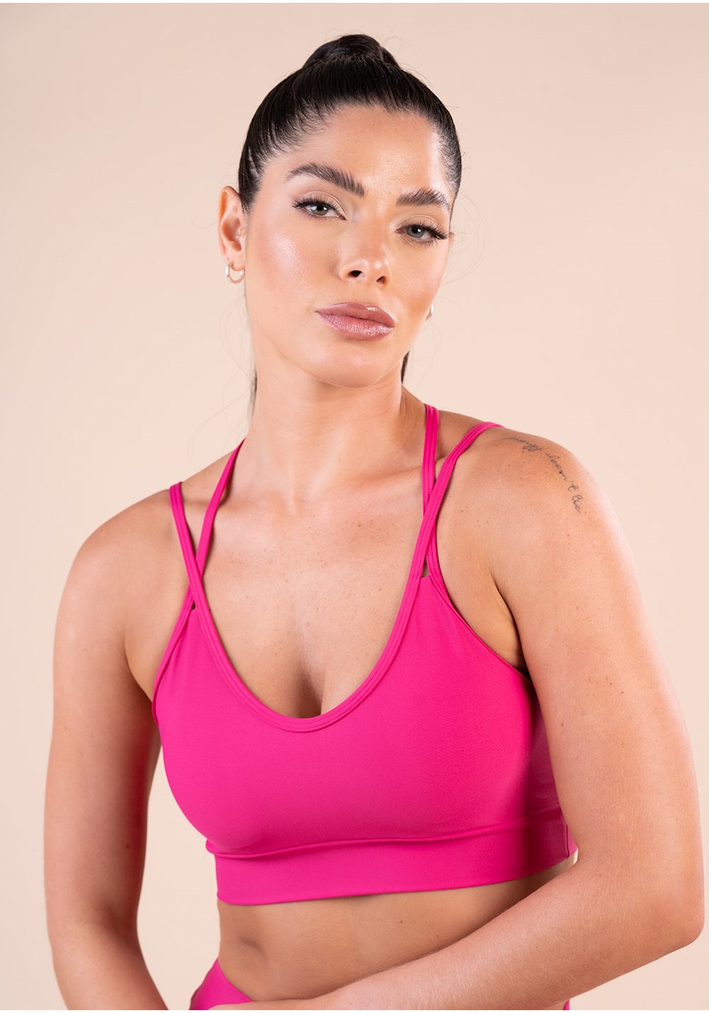 Top fitness feminino com bojo pink alça dupla e elástico action