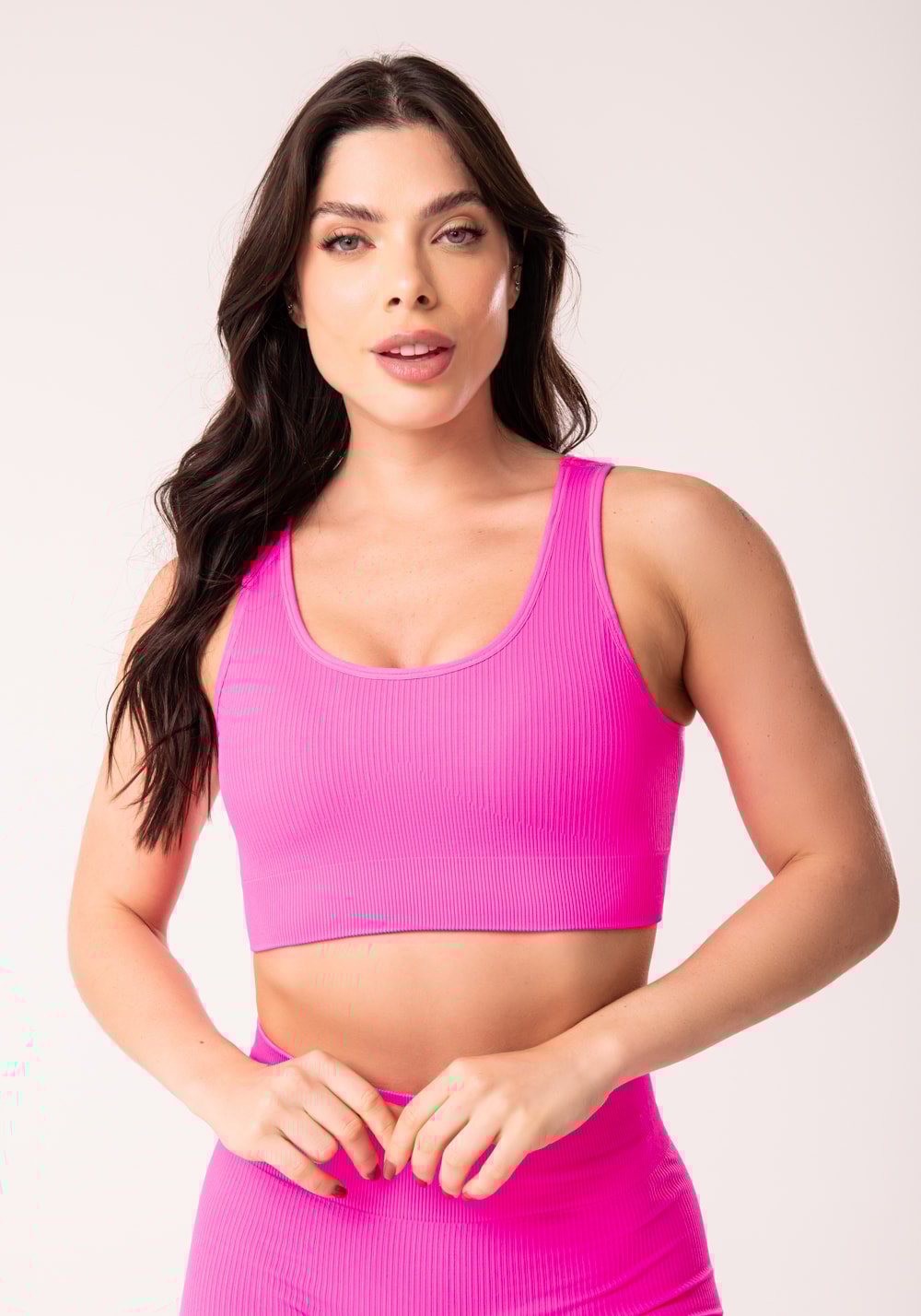 Top fitness feminino com bojo texturizado pink seamless