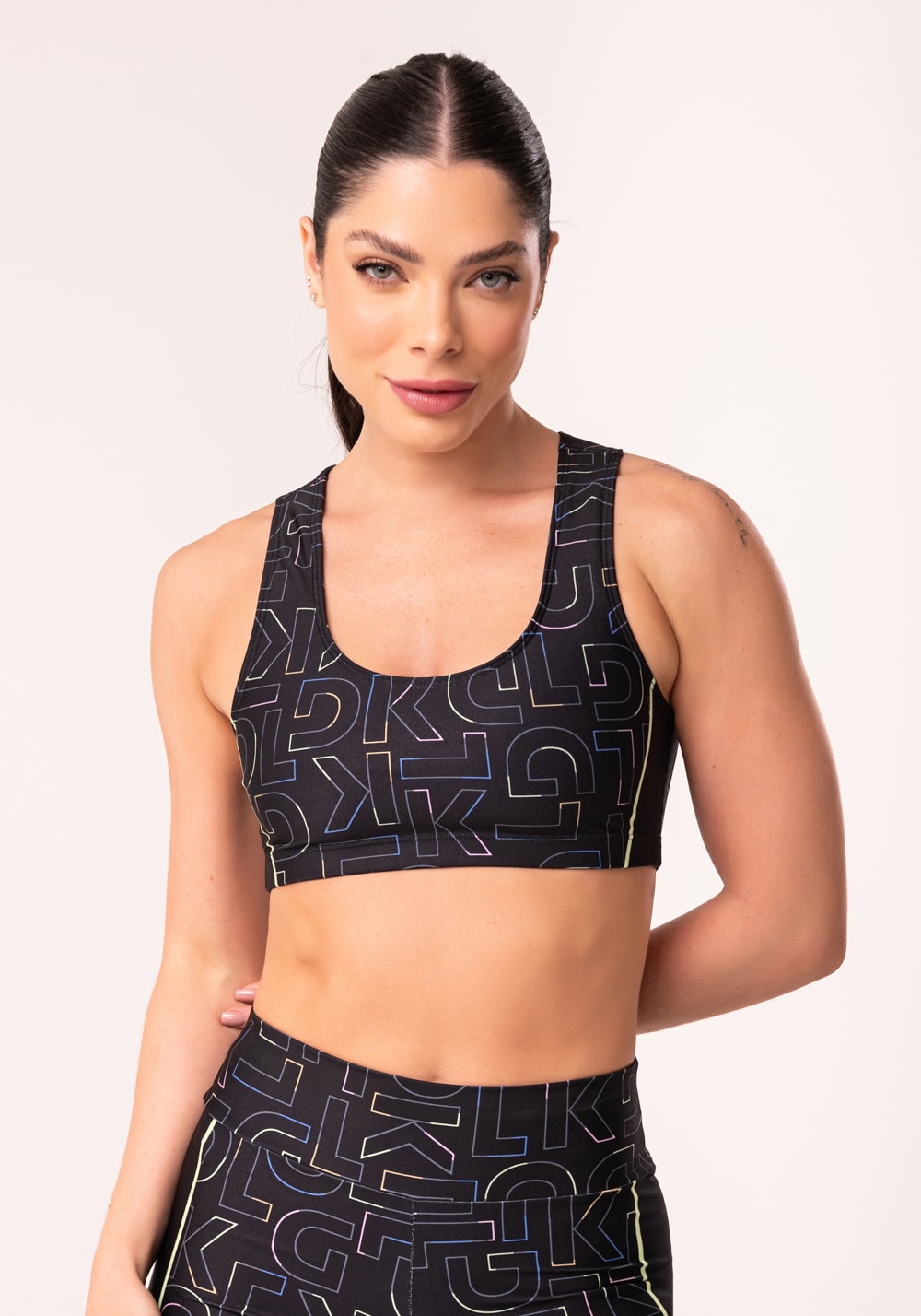 Top fitness feminino estampado logomania colorido printed