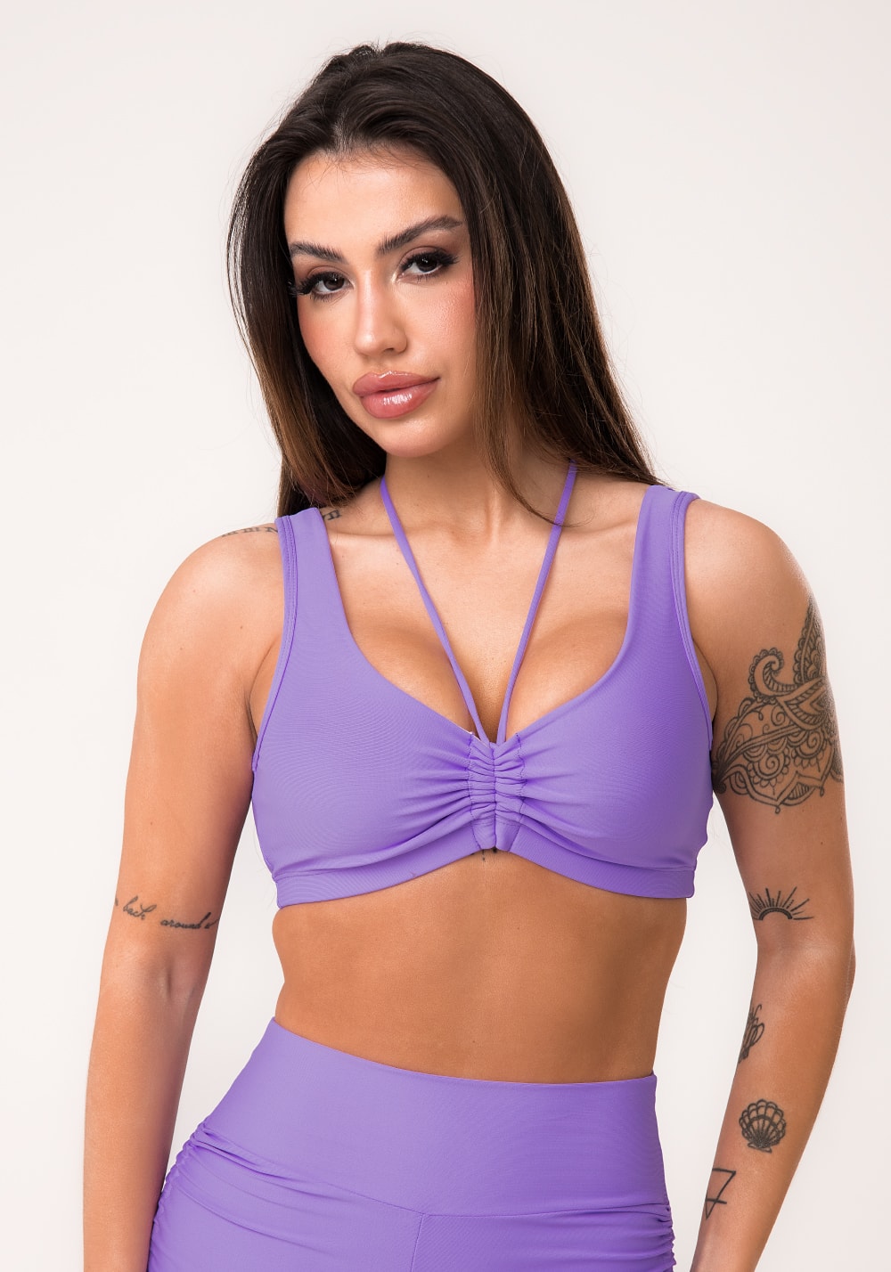 Top fitness feminino lavanda com franzido e amarração aura