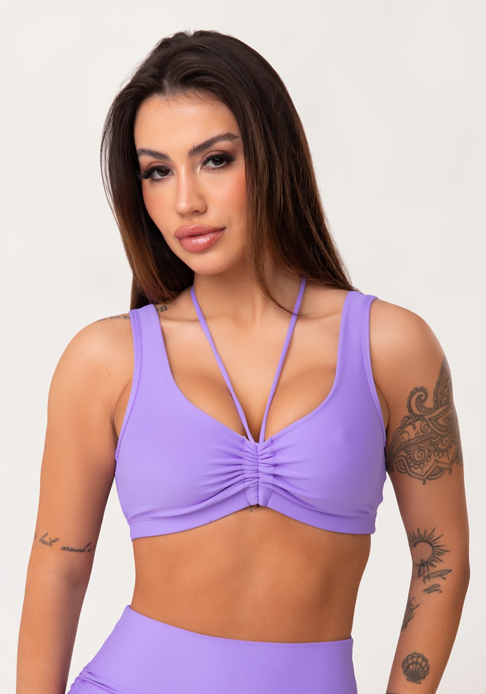 Top fitness feminino lavanda com franzido e amarração aura
