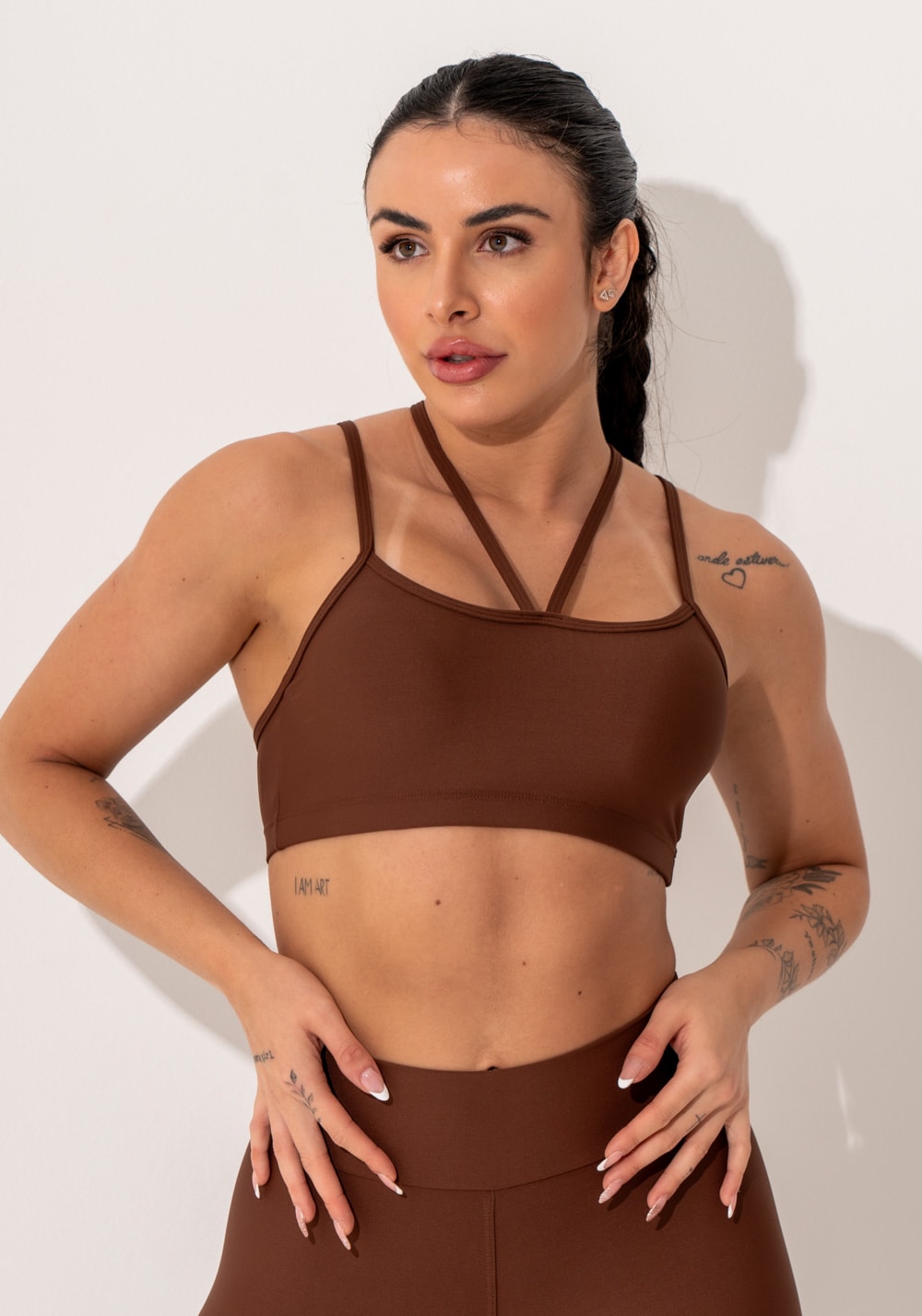 Top fitness feminino marrom com alças duplas intense dlk