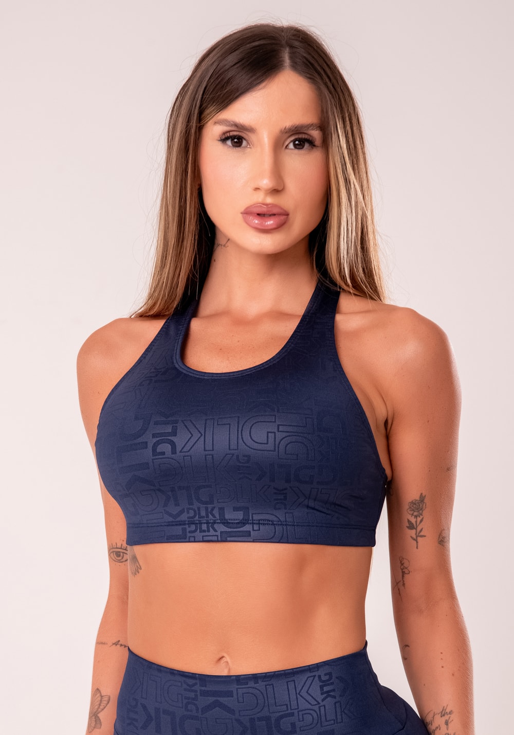 Top fitness feminino nadador azul marinho logomania reflections